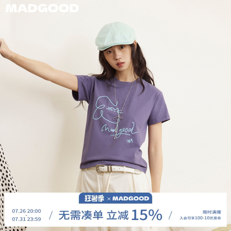 Madgood Japanese-Style Sorona Cool-Touch Antibacterial Quick-Dry Hand-Painted Cute Kitten Regular Shoulder T-Shirt