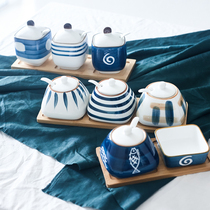 Japanese seasoning bottle ceramic seasoning can household seasoning box set kitchen oil salt jar chili oil tank three-piece set