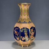 Return of antiques miscellaneous antiques second-hand porcelain Qing Dynasty Qianlong pastel gold flower and bird six-sided vase ornaments collection
