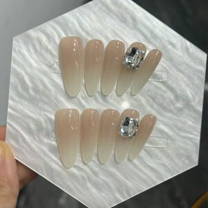 Handmade Wearable Nails in Ice-Clear Nude Color with K9 Sparkling Diamond Balls, Finished Nail Patches That Naturally Enhance Complexion, Medium-Length Wedding Nails