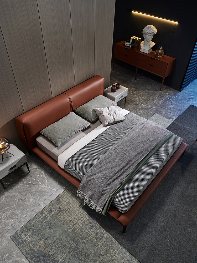 Italian minimalist modern 1 8 m large bed Nordic light luxury real leather bed master bedroom with double bed high-end atmosphere wedding bed