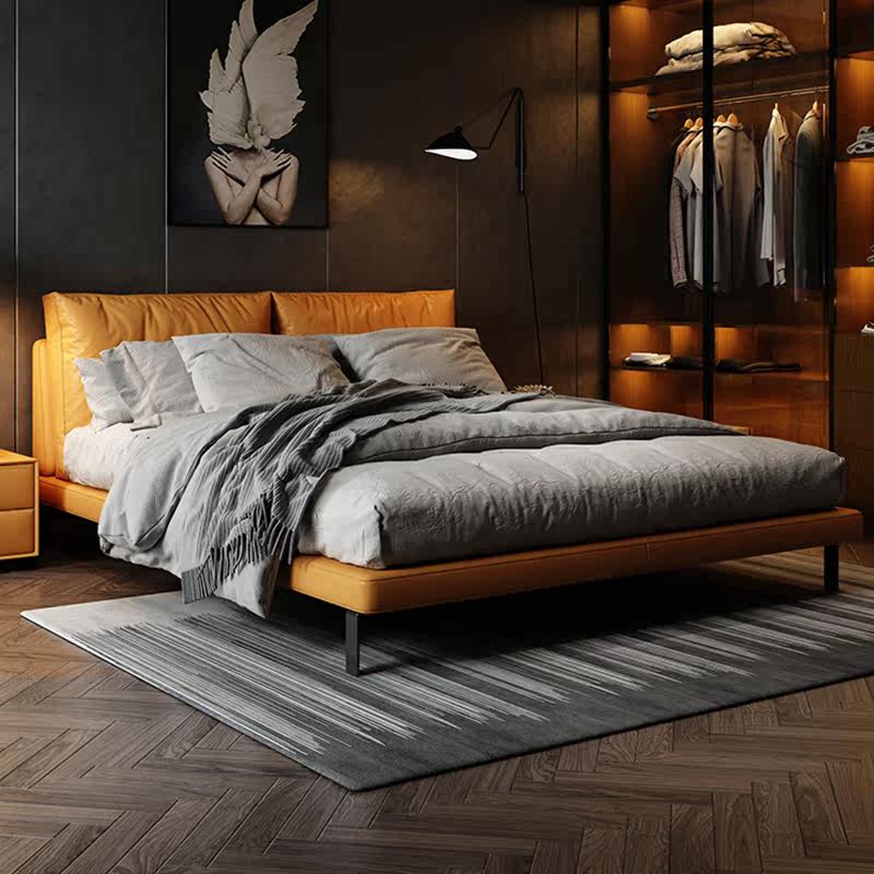 Genuine leather soft bed Italian minimalist bedroom double 1 8 leather art bed modern minimalist wedding room leather art bed