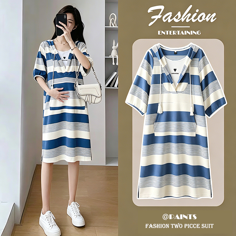 British Dhwa Maternity Summer Dress for Petite Women, Loose Casual Long Dress, Summer Outing Age-Reducing T-Shirt Dress