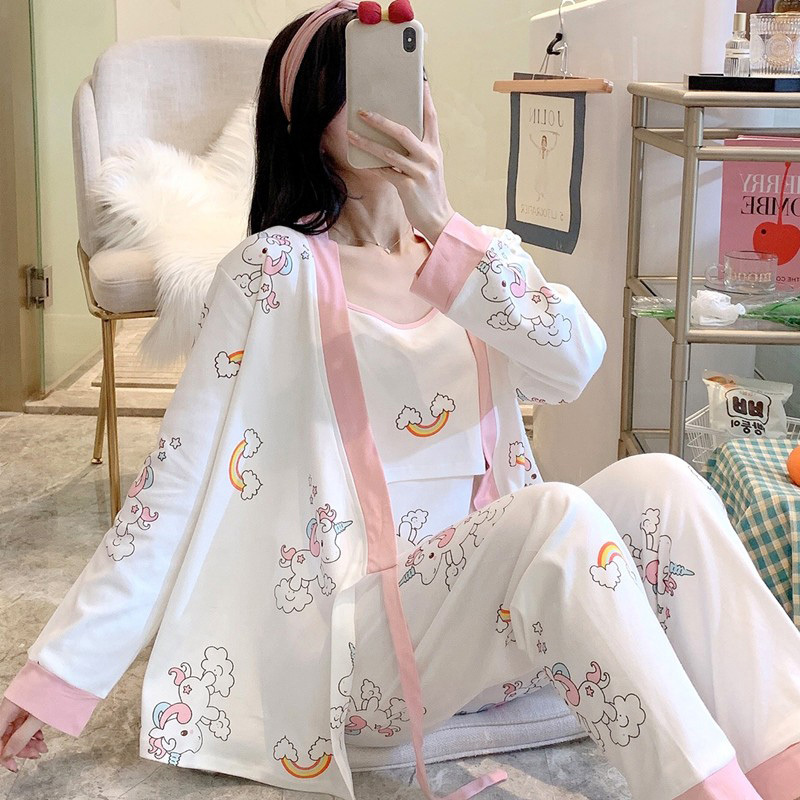 British Dhwa Three-Piece Postpartum Clothing Set with Breast Pads, Spring and Summer Thin Pure Cotton Postpartum Maternity Spring and Summer Nursing Pajamas