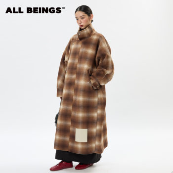 ALLBEINGS 24AW卡其格纹大廓形落肩双面呢长款羊毛大衣冬季新款女