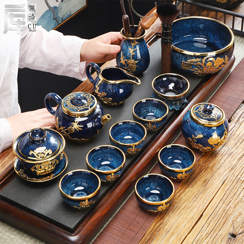 Kuperlo Upscale Gold Inlaid Jade Ceramic Suit Kung Fu Tea Tea Tea Tea Lid Bowls Teapot Living-room Full Set Domestic Gift Boxes-Taobao