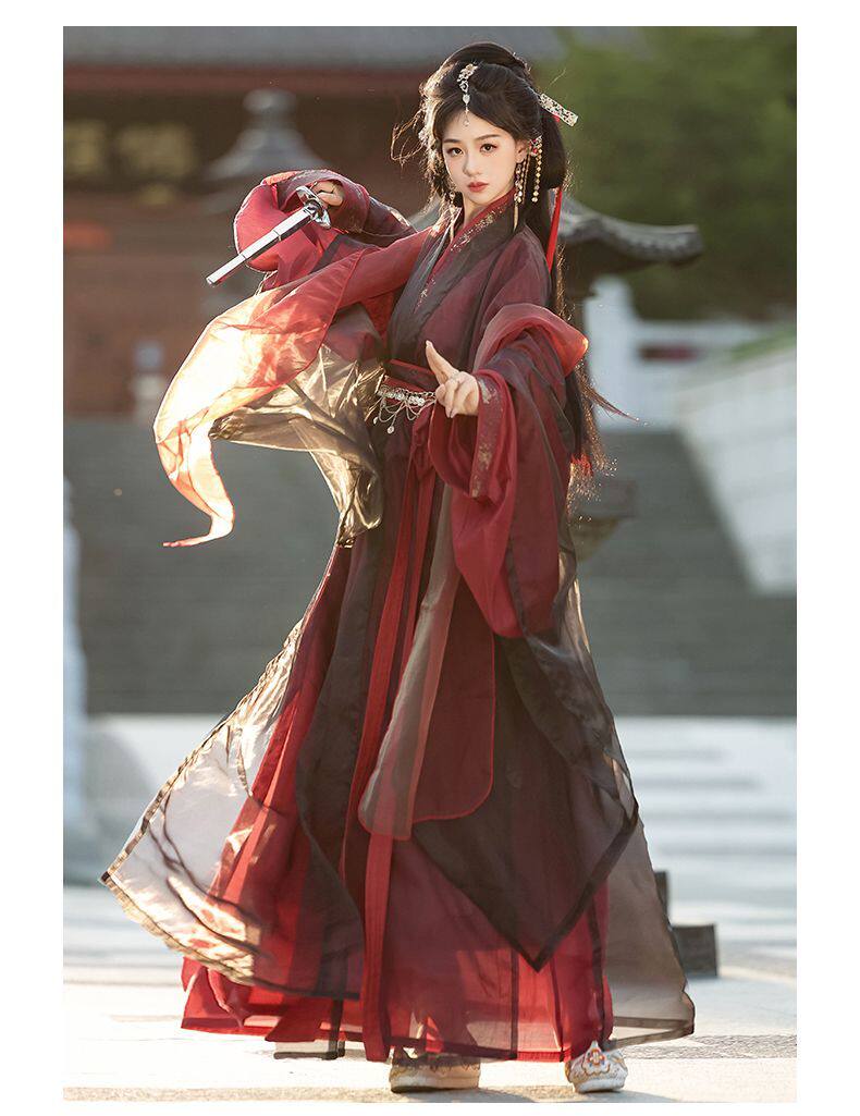 Китайцы одежда наборы 魏晋制汉服【虞姬叹】交领大袖衫直裾鎏金印花战国袍古风男女套装