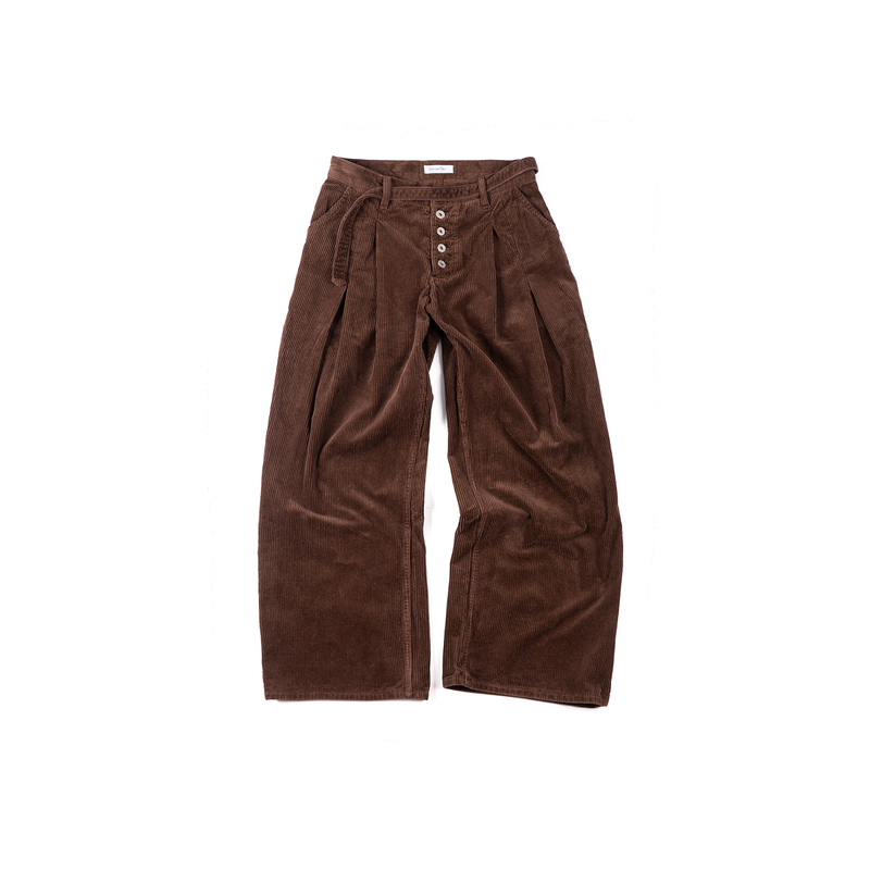 Onestep Double-Pleated Japanese-Made Ykk Five-Button Adjustable Ribbon Washed Corduroy Pants with Slight Flare and A-Line Silhouette