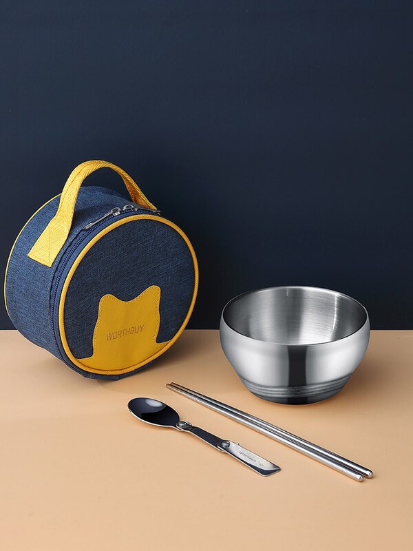 Japan's New Portable Travel Cutlery Set, Bowl, Chopsticks, Spoon, Three-Piece Set for One Person, Stainless Steel Outdoor Travel Bag