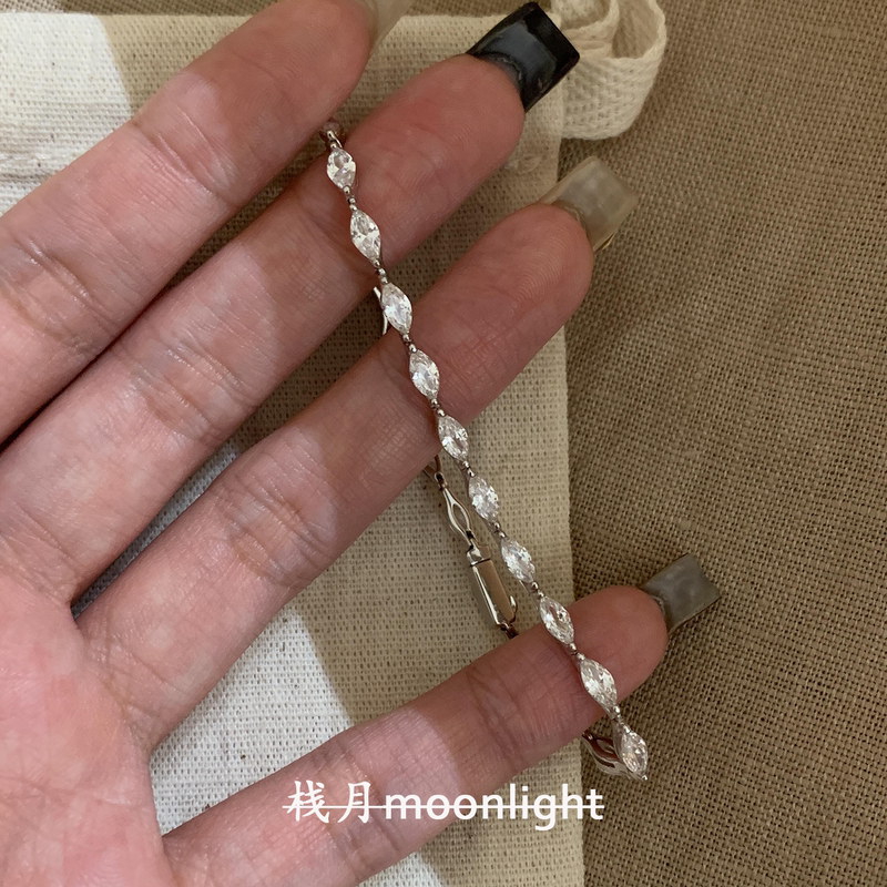【Zhan Yue】S925 Sterling Silver Sparkling Marquise Diamond Bracelet, Korean Style Light Luxury Versatile Full Diamond Stacked Bracelet for Women