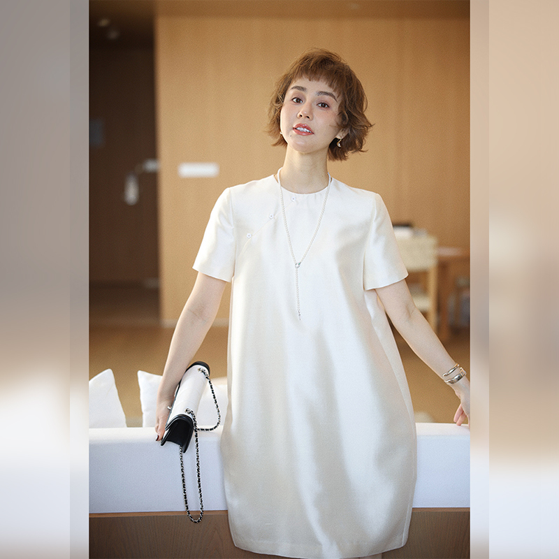 Muyunli New Chinese Style 6A Grade Silk Merino Wool Beaded Chain Cocoon-Shaped Short Sleeve Dress Long Dress