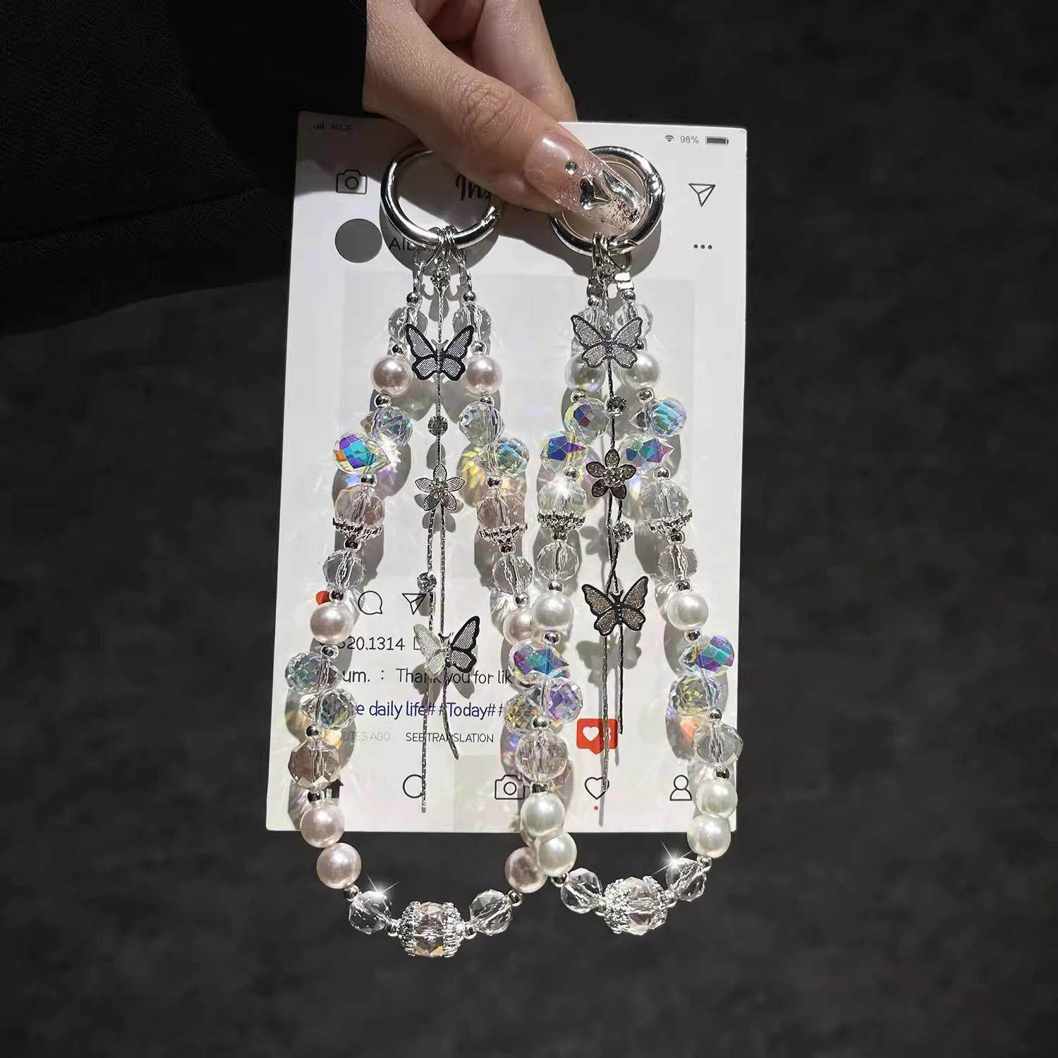 Popular Pearl Crystal Butterfly Tassel Phone Lanyard Wristband Handbag Key Charm Luxury Phone Case Lanyard