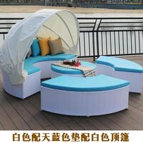 Outdoor bed large reclining bed outdoor rattan large bed round garden courtyard swimming pool outdoor open-air sleeping with canopy beach bed