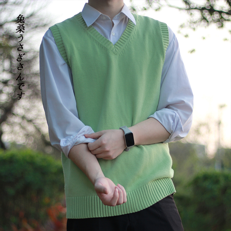 Rabbit Mulberry Spring and Autumn Inner Wear Solid Color Casual Versatile Trendy Japanese Style Sleeveless V-Neck Couple College Style Sweater Vest