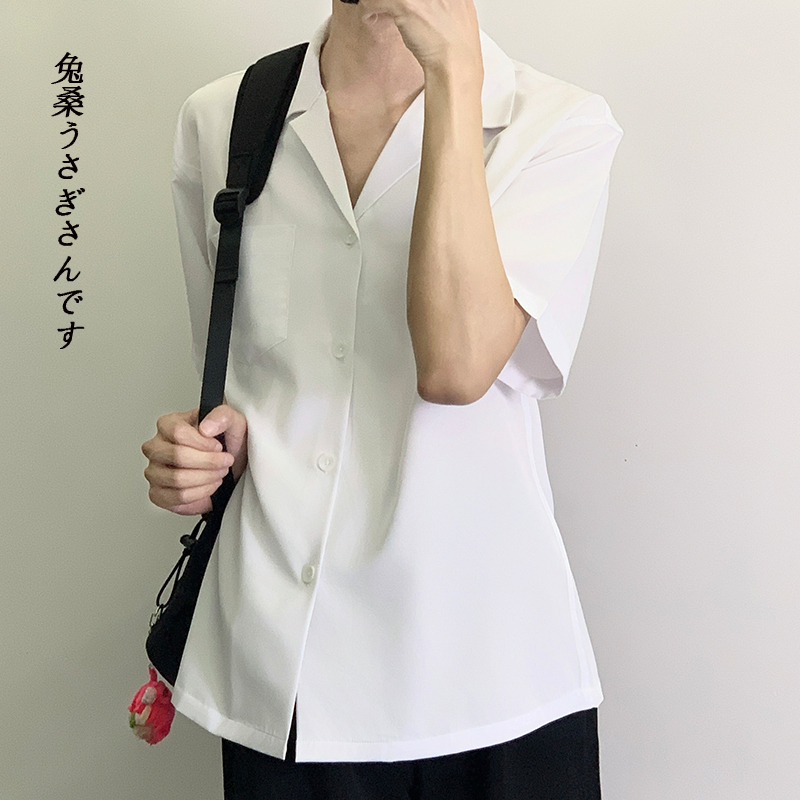 Rabbit Mulberry Dkjk Uniform Open-Front White Short-Sleeve Shirt Cuban Collar Versatile Summer College Style Youth Shirt Casual