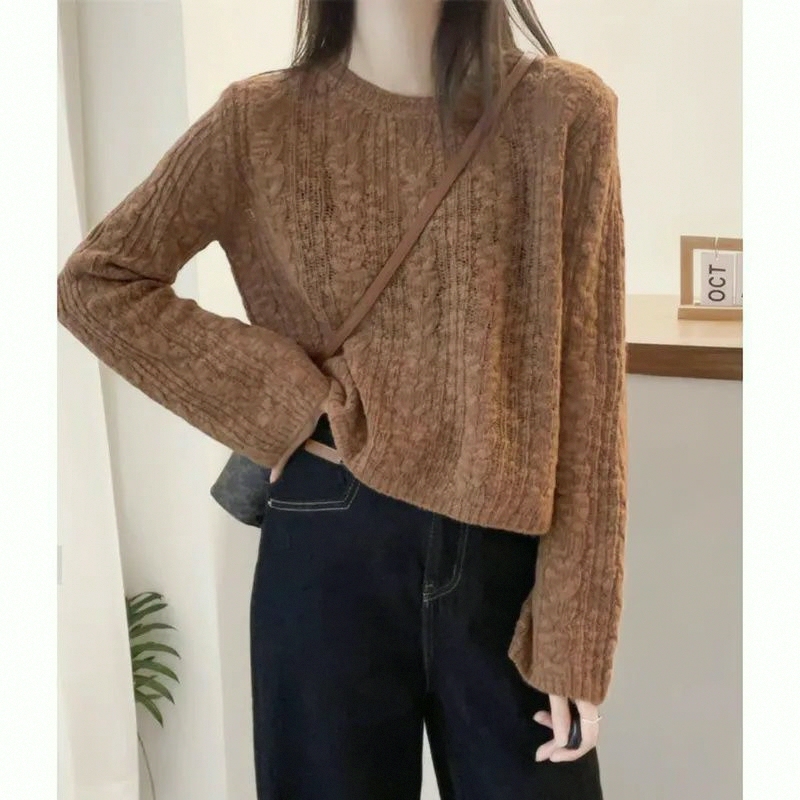 Rose Red Lazy Style Thin Sweater, New Fashion Round Neck Long Sleeve Short Knit Top for Spring and Autumn Rose Red Lazy Style Thin Sweater, New Fashion Round Neck Long Sleeve Short Knit Top for Spring and Autumn