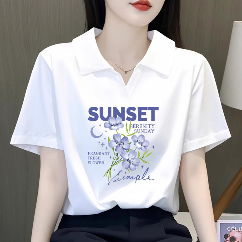 Western-Style Lapel Pure Cotton Printed Short-Sleeved T-Shirt for Women 2026 Summer New Loose Slimming Casual Outerwear Polo Shirt