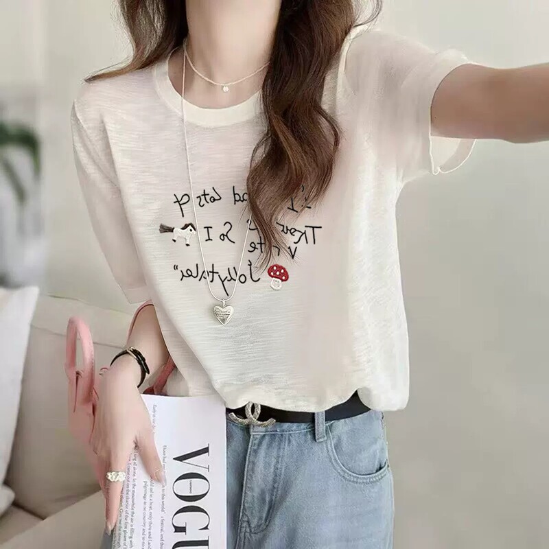 Summer Thin Breathable Printed Snowflake Cotton Short-Sleeved T-Shirt for Women 2026 New Fashion Age-Reducing Loose Round Neck Top