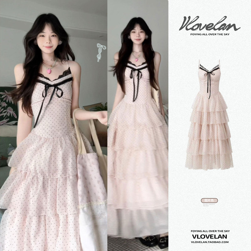Beautiful Summer Vacation Style Pink Polka Dot Suspender Dress for Women 2026 New Style Waist-Cinching Slimming Cake Long Dress