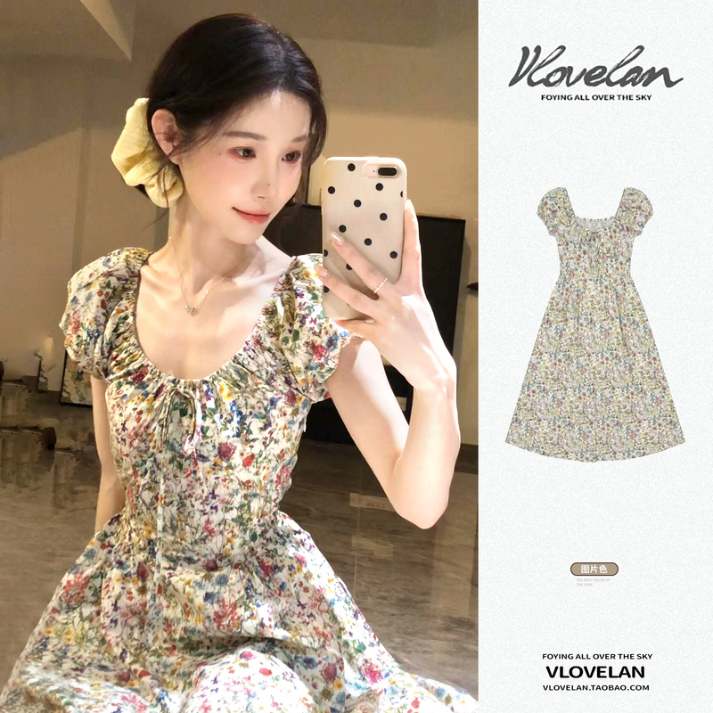 French-Style Gentle Short-Sleeved Floral Dress for Women 2026 New Style Waist-Cinching Elegant and Stunning Long Dress for Summer French-Style Gentle Short-Sleeved Floral Dress for Women 2026 New Style Waist-Cinching Elegant and Stunning Long Dress for Summer