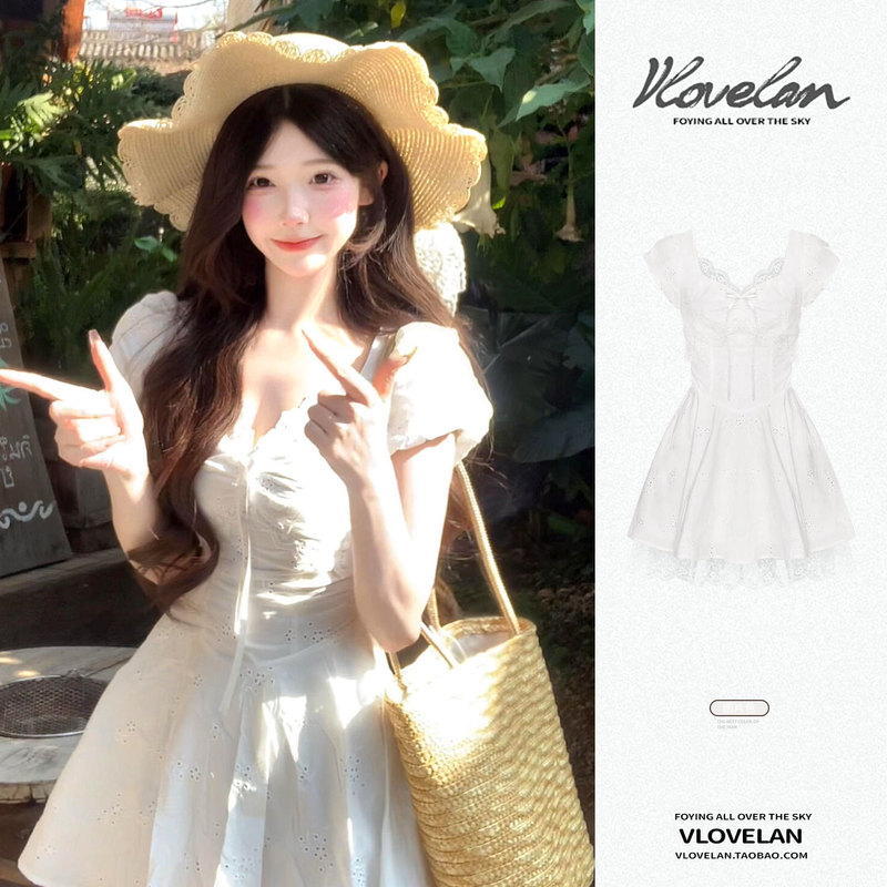 Summer 2026 New White Dress for Women, First Love Style, Petite Fit, Waist-Cinching Lace Puff Sleeve Tutu Dress