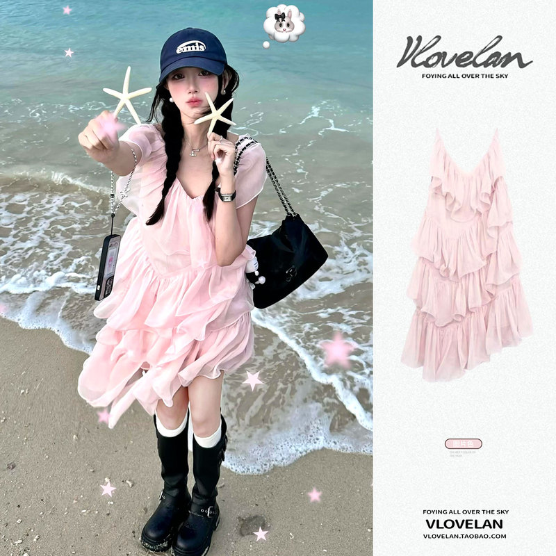 Pink Irregular Strap Dress for Women, 2026 Holiday Style, Ruffled Patchwork Petite Dress for Summer