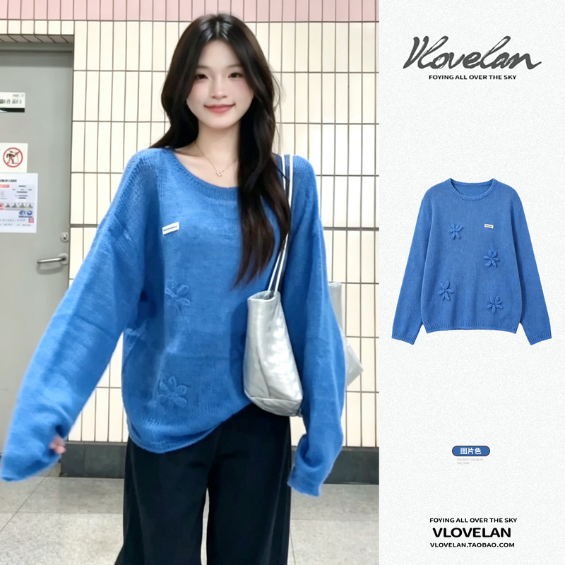 Korean Style Early Autumn Outfit 2026 New Blue Three-Dimensional Floral Knit Top Loose Soft Long-Sleeve Sweater for Women Korean Style Early Autumn Outfit 2026 New Blue Three-Dimensional Floral Knit Top Loose Soft Long-Sleeve Sweater for Women