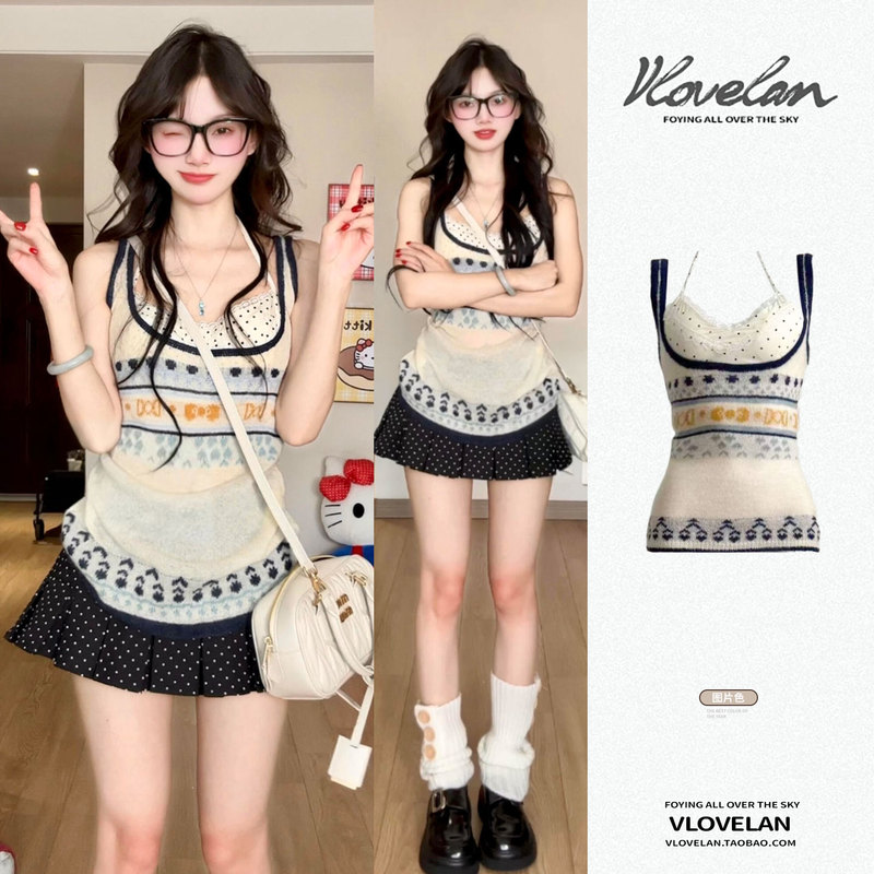 Bohemian Style Color-Block Jacquard Tank Top for Women, Summer Design, Niche Polka Dot Lace Patchwork Camisole Top