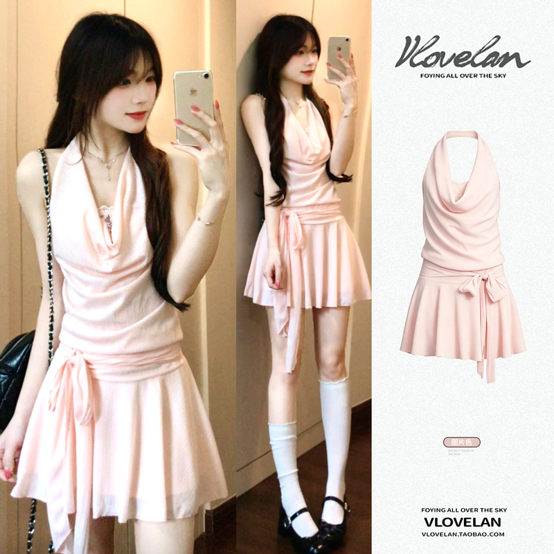 French-Style Pink Lace Halter Neck Sleeveless Dress for Women, Unique and Stunningly Beautiful, with Tie-Up Short Skirt for Summer