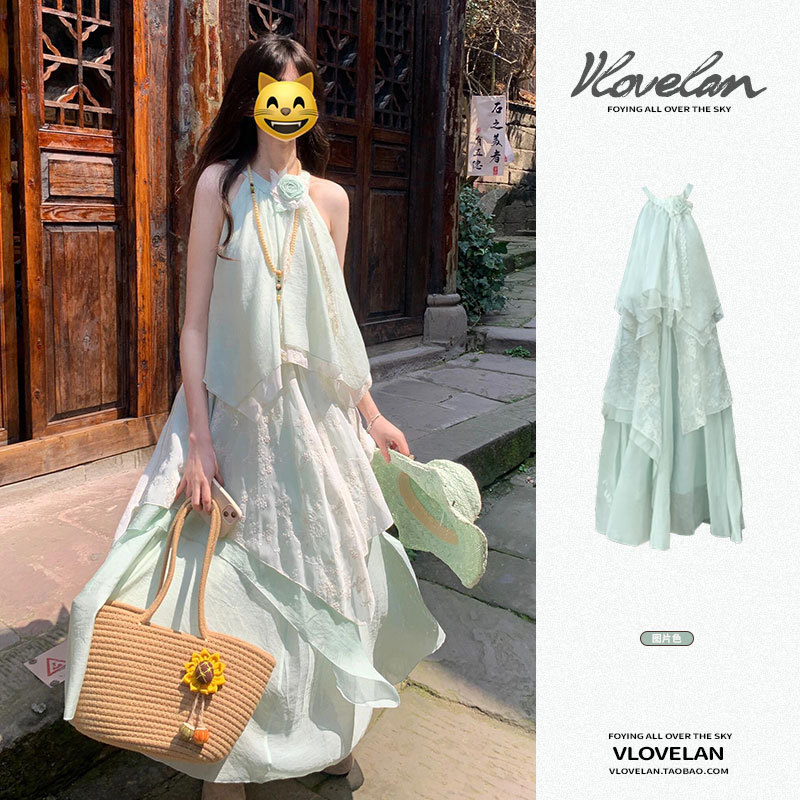 Mint Green Asymmetrical Sleeveless Dress for Women, Summer Vacation Style, Unique Design, Niche Lace Halter Neck Long Dress