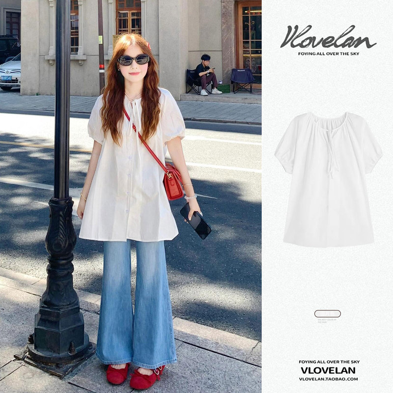 College Style White Puff Sleeve Top Women's Clothing 2026 Summer New Style Petite Outfit Age-Reducing Babydoll Shirt Short Sleeves