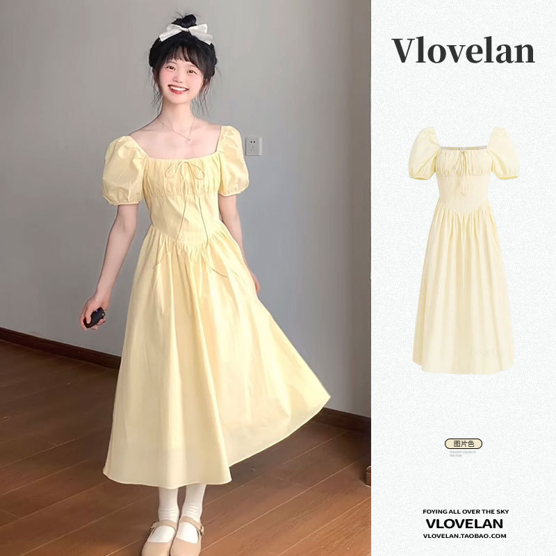 French Square-Neck Dress for Women 2026 New Style Seaside Resort Style Waist-Cinching Creamy Yellow Elegant Mid-Length Dress for Summer