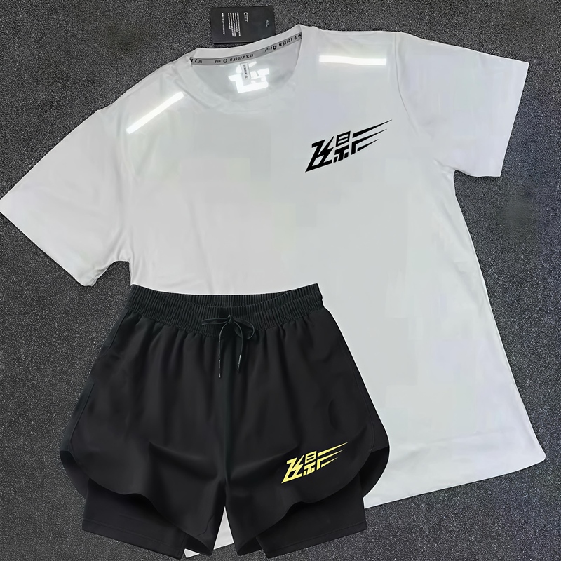 Feiying Summer Running Sports Suit, Quick-Drying, Breathable, Lightweight Short-Sleeved Shorts, Two-Piece Set of Professional Fitness Training Clothes