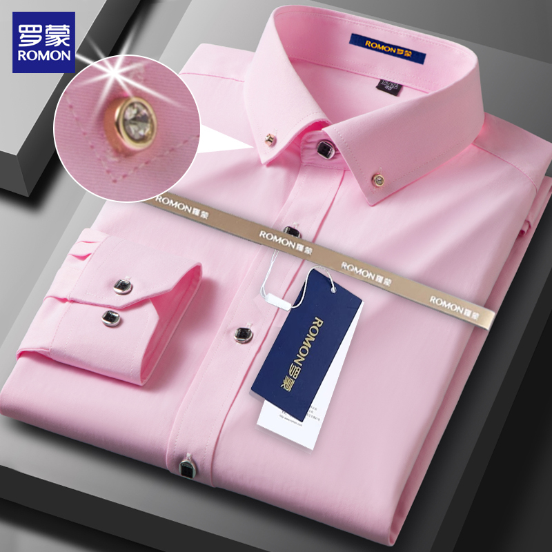Romon Pink Shirt Men's Long-Sleeved Business Casual Non-Iron Diamond Button Korean Style Trendy Short-Sleeved White Shirt Groomsmen Outfit