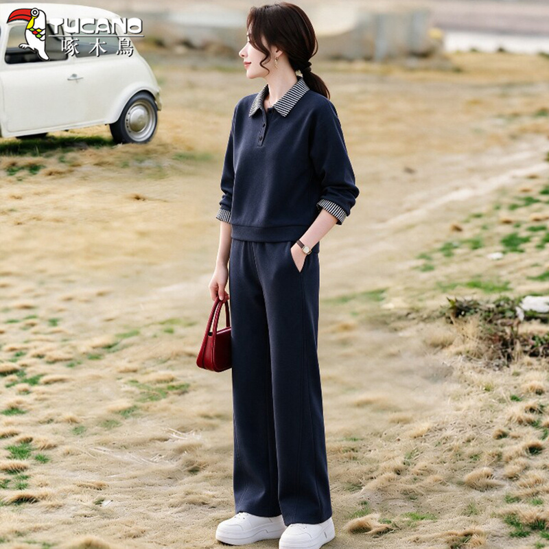 Woodpecker Striped Shirt Collar Sports Suit for Women 2026 New Spring and Autumn Fashionable Age-Reducing Sweatshirt and Sweatpants Two-Piece Set Woodpecker Striped Shirt Collar Sports Suit for Women 2026 New Spring and Autumn Fashionable Age-Reducing Sweatshirt and Sweatpants Two-Piece Set
