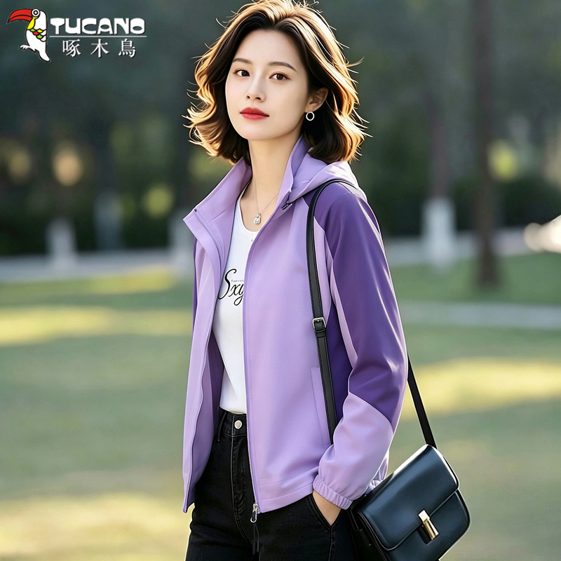 Woodpecker Purple Hooded Single-Layer Jacket for Women, 2026 New Spring and Autumn Thin Style, Fashionable Versatile Color-Blocking Coat Woodpecker Purple Hooded Single-Layer Jacket for Women, 2026 New Spring and Autumn Thin Style, Fashionable Versatile Color-Blocking Coat