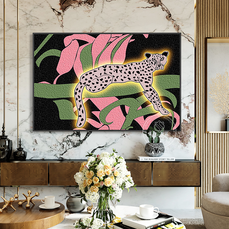 Living Room Background Wall Hanging Painting Leopard Animal Led Light Decorative Painting Restaurant Pop Art Style Hand-Painted Textured Leopard
