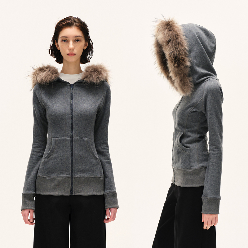 Kvkv Dark Gray Hooded Slim-Fit Sweatshirt with Fur Collar, Autumn and Winter American-Style High-End Zip-Up Hoodie for Women Kvkv Dark Gray Hooded Slim-Fit Sweatshirt with Fur Collar, Autumn and Winter American-Style High-End Zip-Up Hoodie for Women