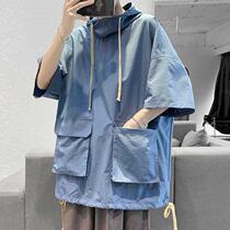 Summer autumn Lianhood Short sleeves T-shirt Male Tide Card Tooling Half Sleeve Sweatshirt Male Korean version Trend Student loose with cap 5 Sleeves