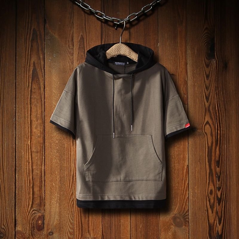 Harajuku Style Summer Japanese Fake Two-Piece Trendy Brand Sweatshirt for Men, Korean Version Hooded Short-Sleeve Couple Outfit Hoodie with Hood T-Shirt