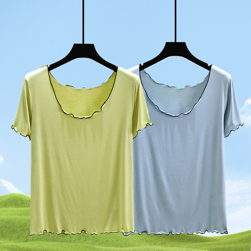 莫代尔圆领飞边短袖T恤女夏时尚百搭半袖上衣大码宽松休闲打底衫