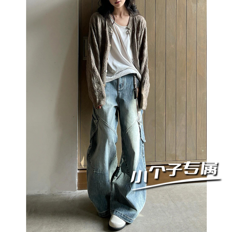 American Retro Bamboo Texture Washed Workwear Jeans for Petite Women, High Street Loose Fit Multi-Pocket Straight Wide-Leg Pants