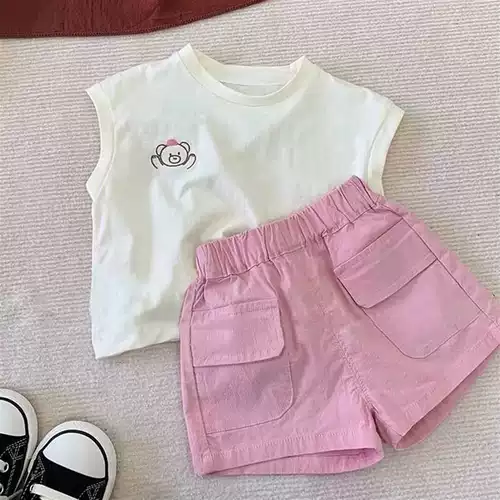 Летняя одежда, майка, летние шорты, летний комплект для девочек, детские штаны без рукавов, эффект подтяжки, детская одежда
