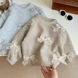 Зимний трикотажный детский свитер с бантиком для девочек, увеличенная толщина, детская одежда