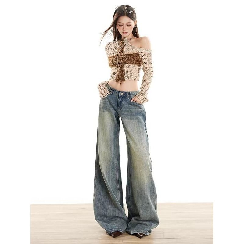 Heavyweight Vintage Blue Distressed Loose Jeans for Women, Plus Size, Spring/Summer New Low-Waist Slimming Hip-Covering Wide-Leg Pants