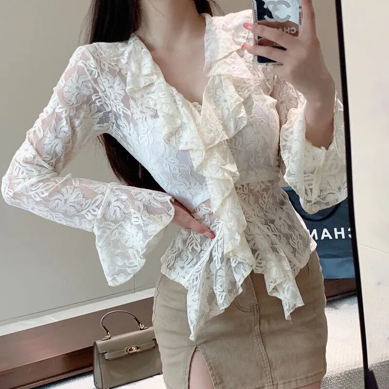 Ruffled Hollow Lace Blouse for Women, Autumn 2026 New Design, Versatile, Slim-Fitting, Long-Sleeved French-Style Top