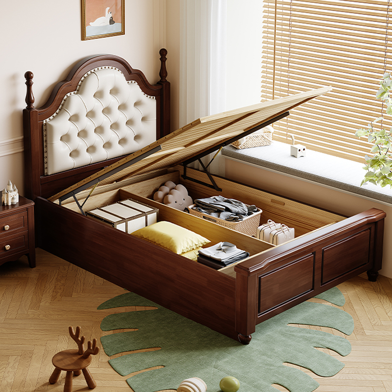 American-Style Solid Wood Bed 1.2m Single Bed Small Apartment Children's Bed 1.35m Storage Bed High Box Storage Bed with Drawers