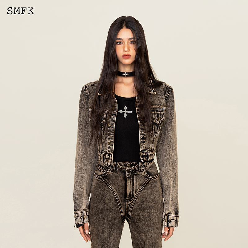 Smfk Mustang Short Denim Jacket Ug004Yl Celebrity Style Rock Studded Short Jacket for Women Spring