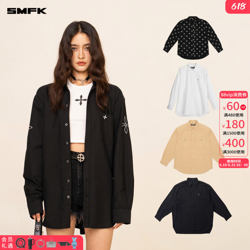 Smfk Cross Classic Shirt Cp003B/W Celebrity Style Embroidered Solid Color Loose Top [Collection]