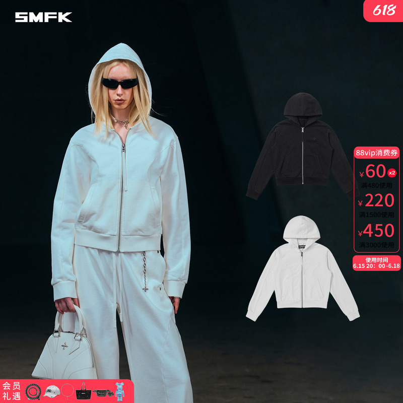 Smfk Meditation Zipper Hoodie Chv06W1/B1 Celebrity Style Solid Color Embroidered Sweatshirt Short Jacket